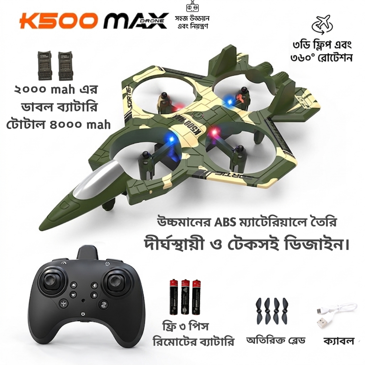 K500 Max ABS Unbreakable High-Quality Fighter Jet- With 2000mAh Big 2 Pieces Battery